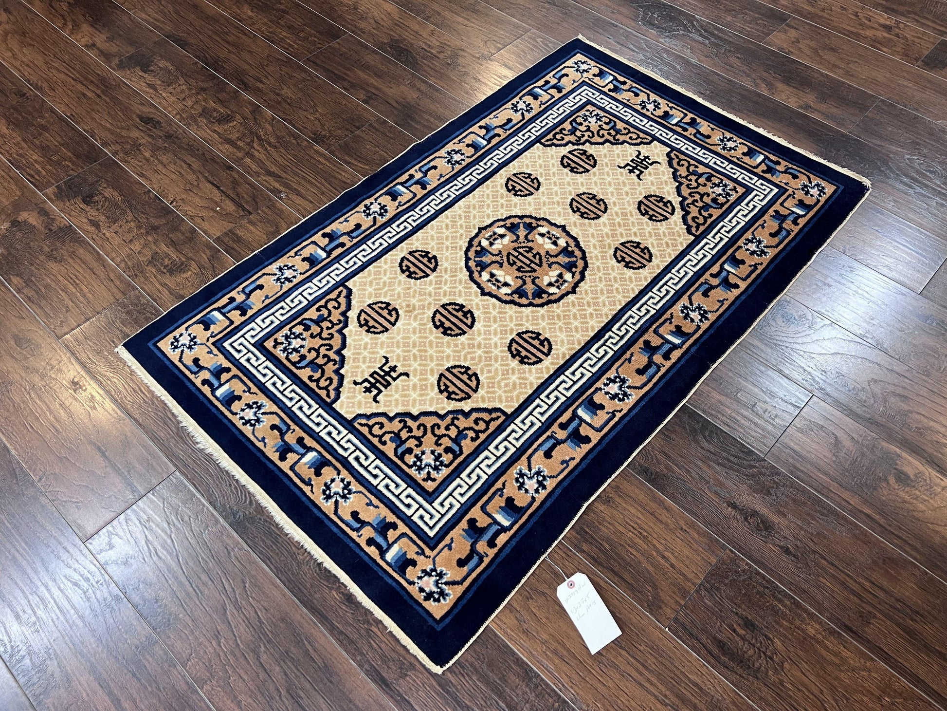 Chinese Peking Rug 3x5, Antique Chinese Art Deco Carpet, Blue Ivory Tan, Hand Knotted Wool Asian Oriental Rug 3 x 5 Vintage Small Peking Rug - Nuvé