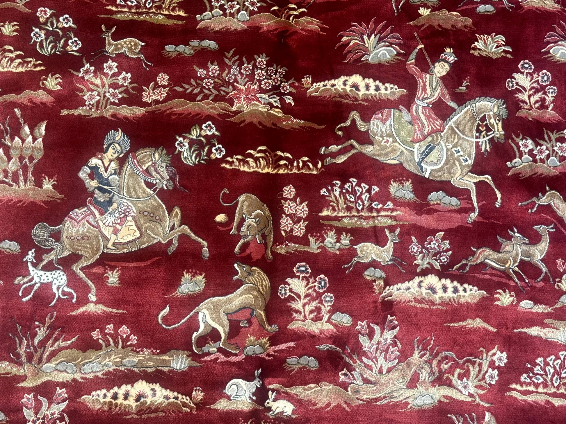 Turkish Silk Rug 8x10, Red & Ivory, Hunting Design, Bamboo Silk, New - Nuvé