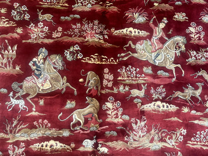 Turkish Silk Rug 8x10, Red & Ivory, Hunting Design, Bamboo Silk, New - Nuvé