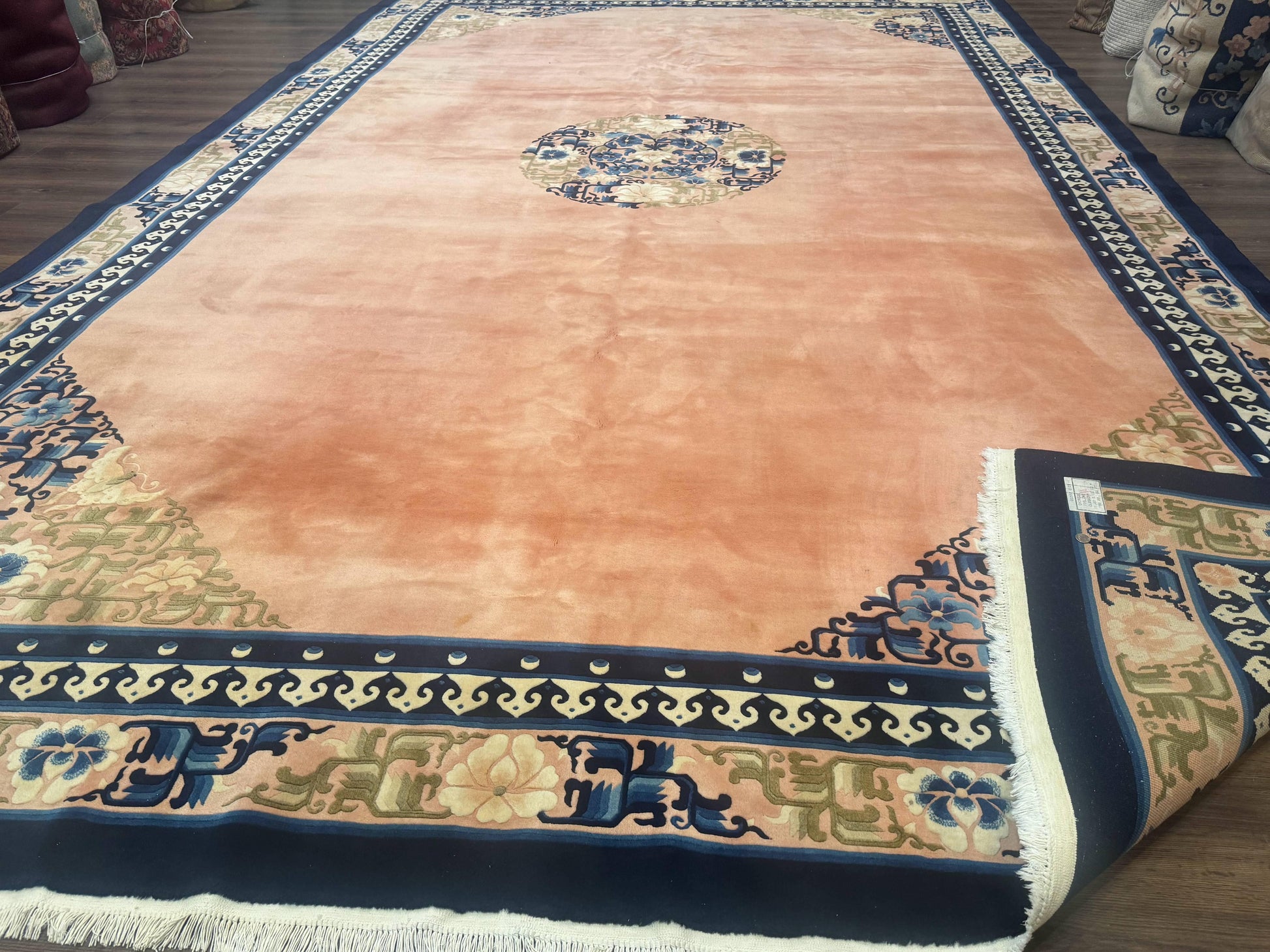 Chinese Wool Rug 11x18, Palace Sized Chinese Carpet, Peking Rug, Peach and Blue, Open Field, Simple Design, Art Deco Rug, Large Handmade Rug - Nuvé