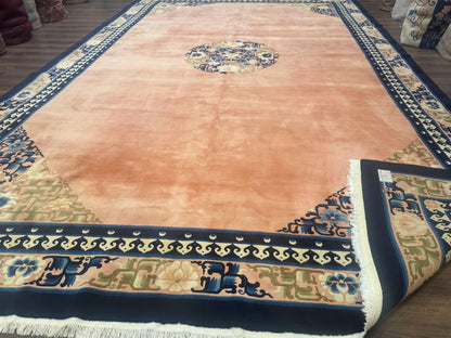 Chinese Wool Rug 11x18, Palace Sized Chinese Carpet, Peking Rug, Peach and Blue, Open Field, Simple Design, Art Deco Rug, Large Handmade Rug - Nuvé
