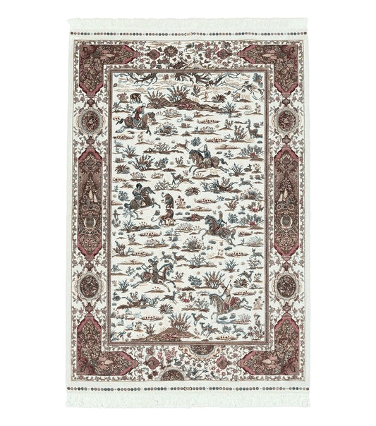 Turkish Silk Rug 5x8, Ivory, Hunting Design, Animal Pictorials, Bamboo Silk