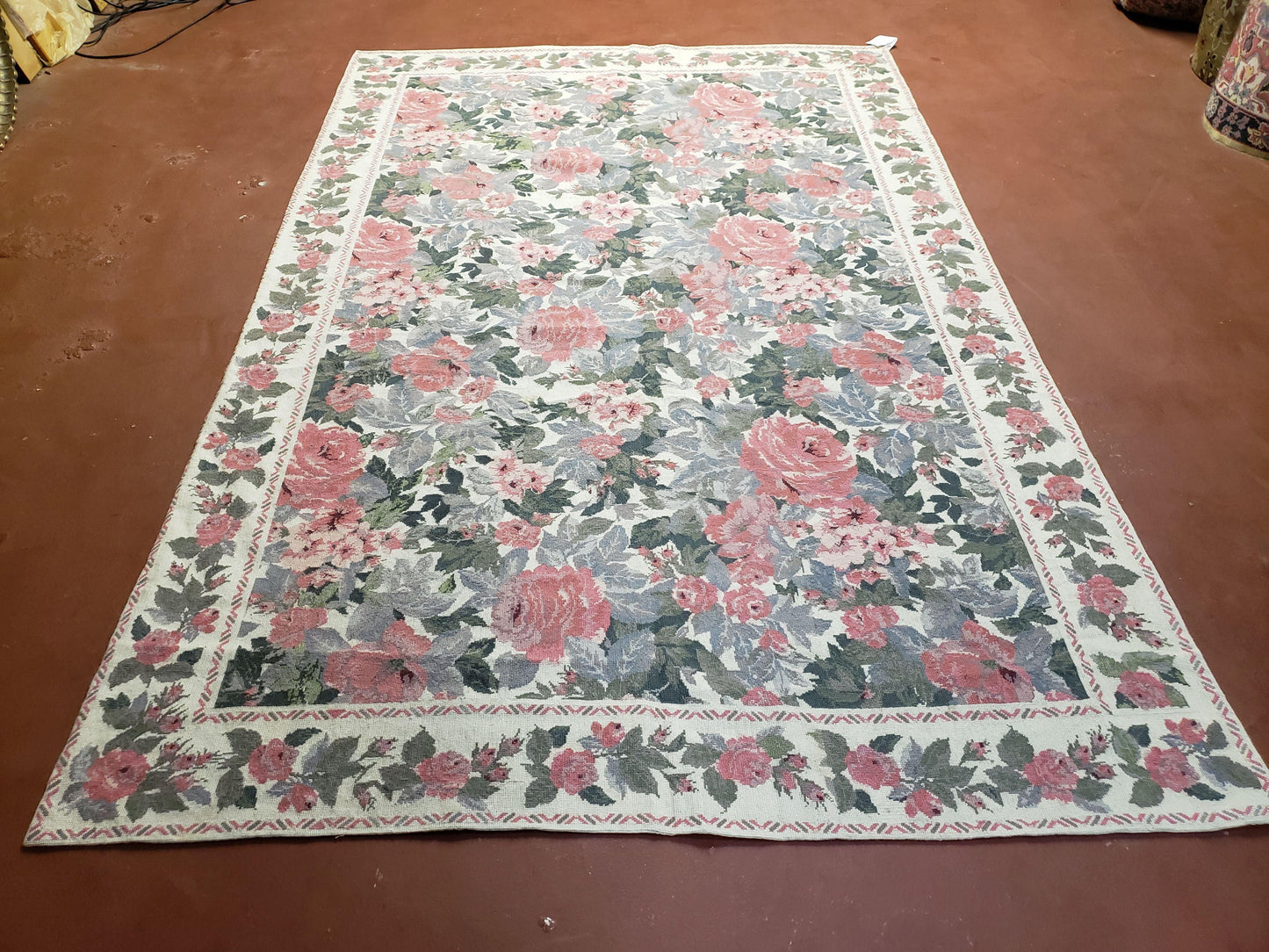 5x8 Needlepoint Rug 5' 4" x 8' 3" Wool Flat Weave Floral New Unused Carpet English Design Ivory Large Pink Flowers Green Leaves Hand-Knotted - Nuvé
