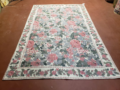 5x8 Needlepoint Rug 5' 4" x 8' 3" Wool Flat Weave Floral New Unused Carpet English Design Ivory Large Pink Flowers Green Leaves Hand-Knotted - Nuvé