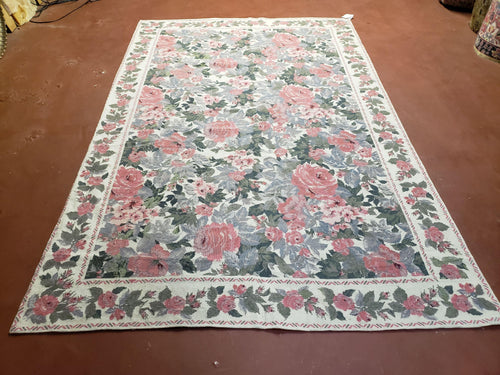 5x8 Needlepoint Rug 5' 4" x 8' 3" Wool Flat Weave Floral New Unused Carpet English Design Ivory Large Pink Flowers Green Leaves Hand-Knotted - Nuvé
