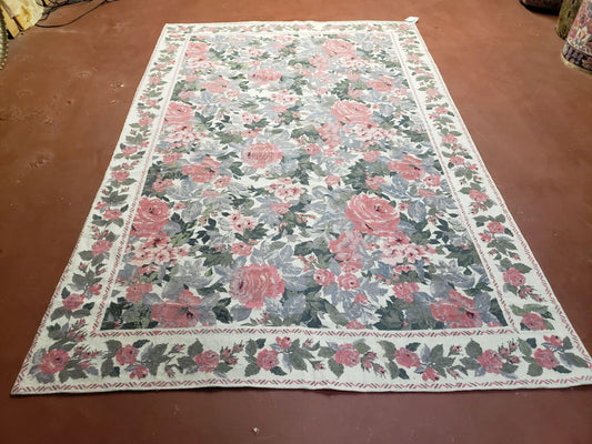 5x8 Needlepoint Rug 5' 4" x 8' 3" Wool Flat Weave Floral New Unused Carpet English Design Ivory Large Pink Flowers Green Leaves Hand-Knotted - Nuvé