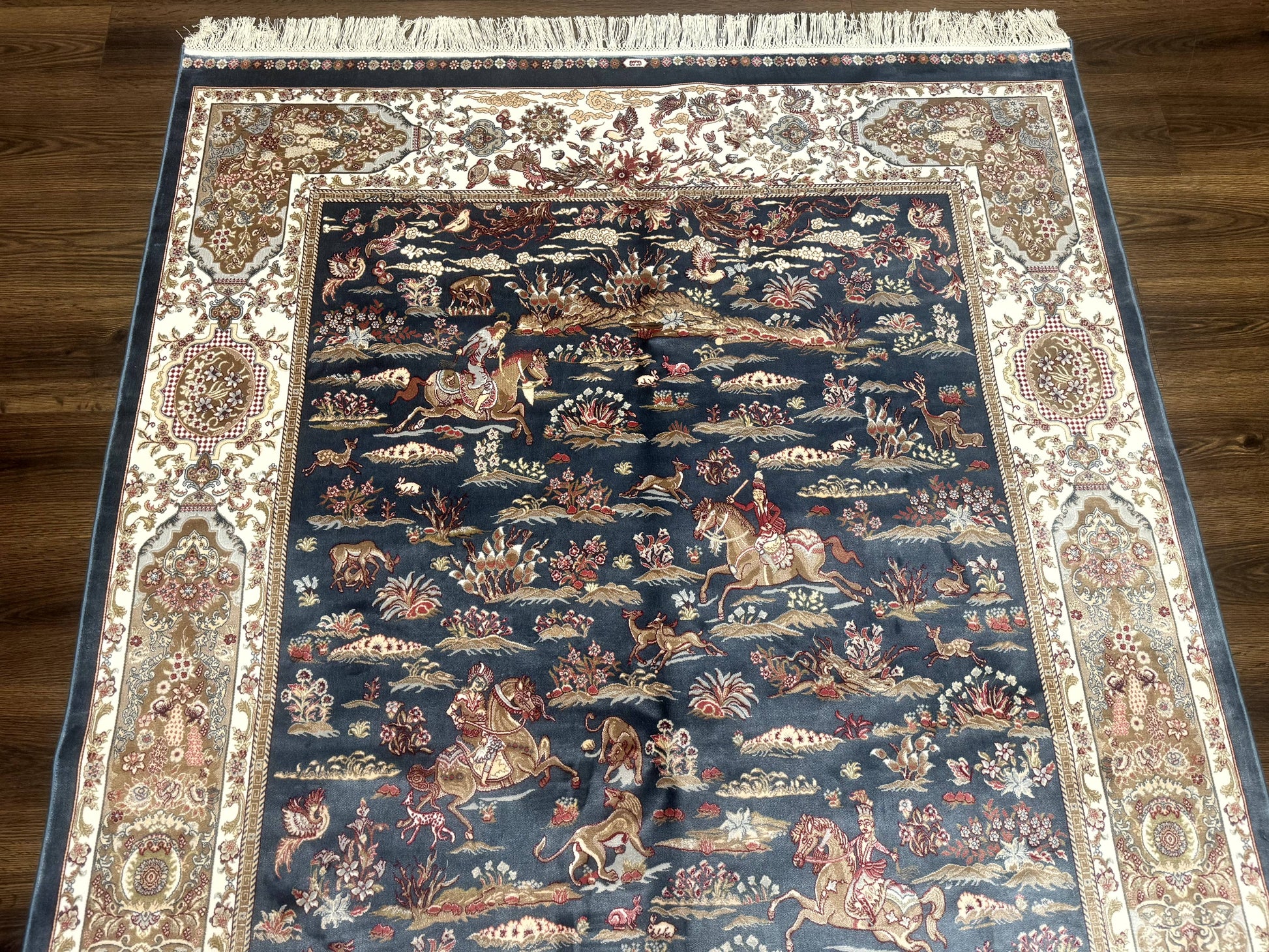 Turkish Silk Rug 5x8, Hunting Design, Animal Pictorials, Steel Blue & Ivory, Bamboo Silk - Nuvé