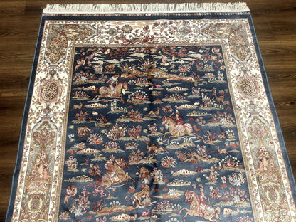 Turkish Silk Rug 5x8, Hunting Design, Animal Pictorials, Steel Blue & Ivory, Bamboo Silk - Nuvé