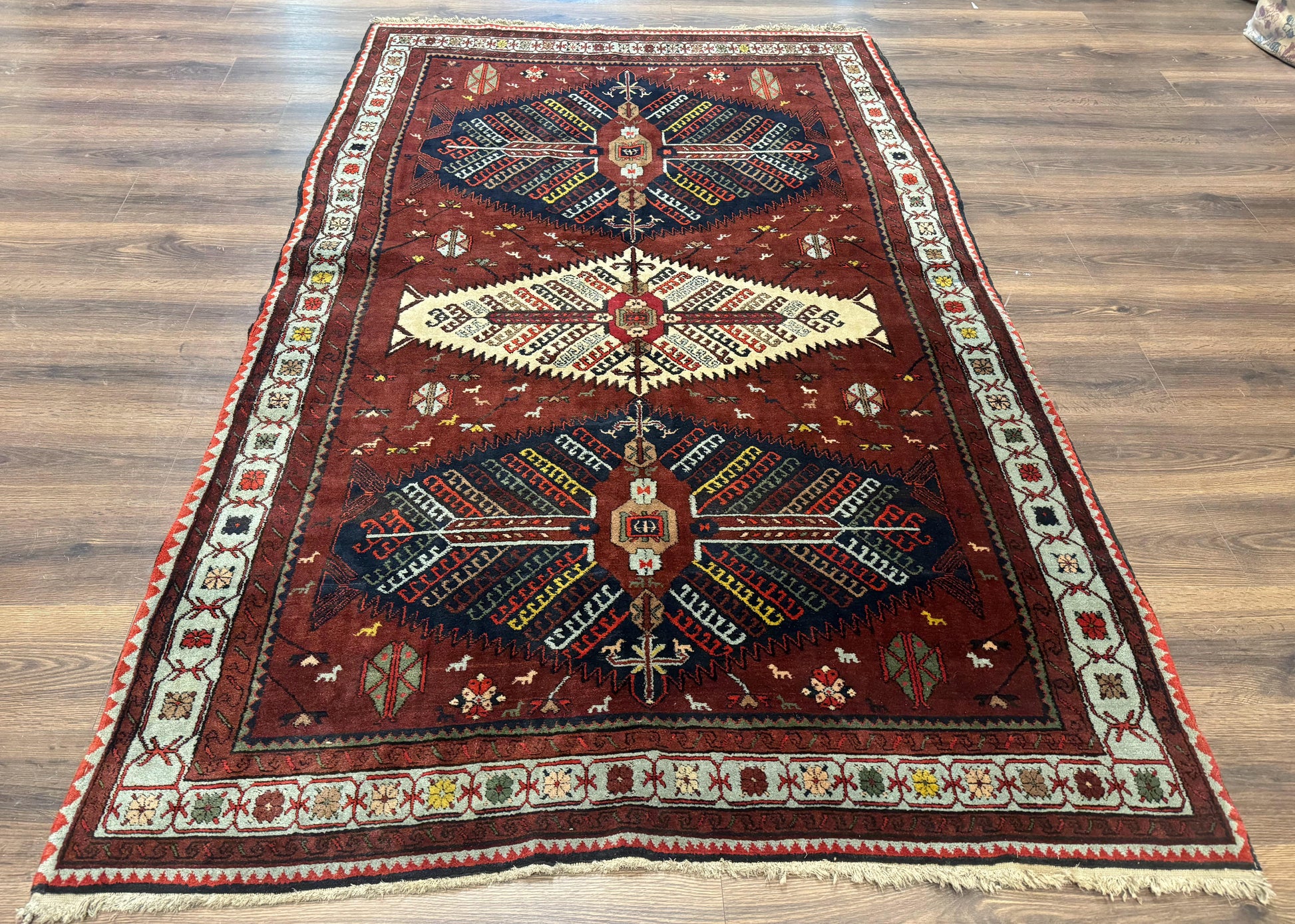 Antique Persian Tribal Rug 5 x 7.8, Triple Medallions, Red, Persian Afshar Rug - Nuvé