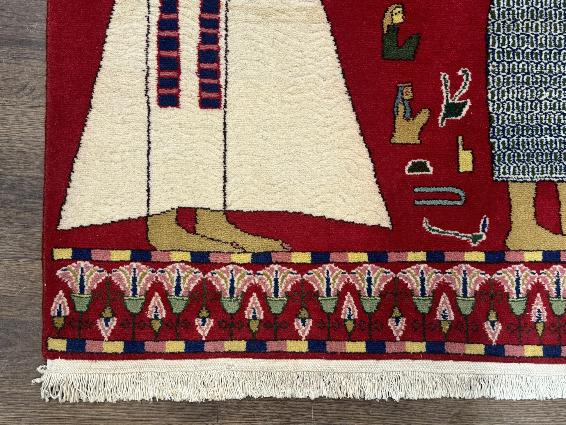 Egyptian Pictorial Rug 3x4, Hieroglyphic Pictorial Rug, Egyptian Prince and Princess, Cleopatra, Vintage Handmade, Red - Nuvé
