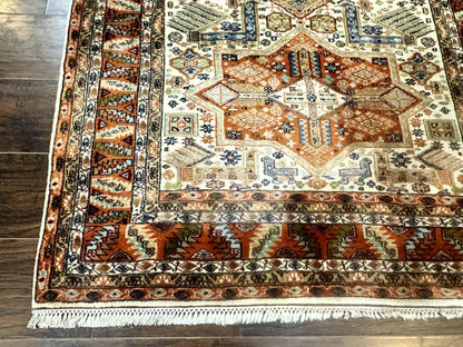 Turkish Kazak Rug 4x6, Geometric Medallions, Vintage Handmade Wool Carpet - Nuvé