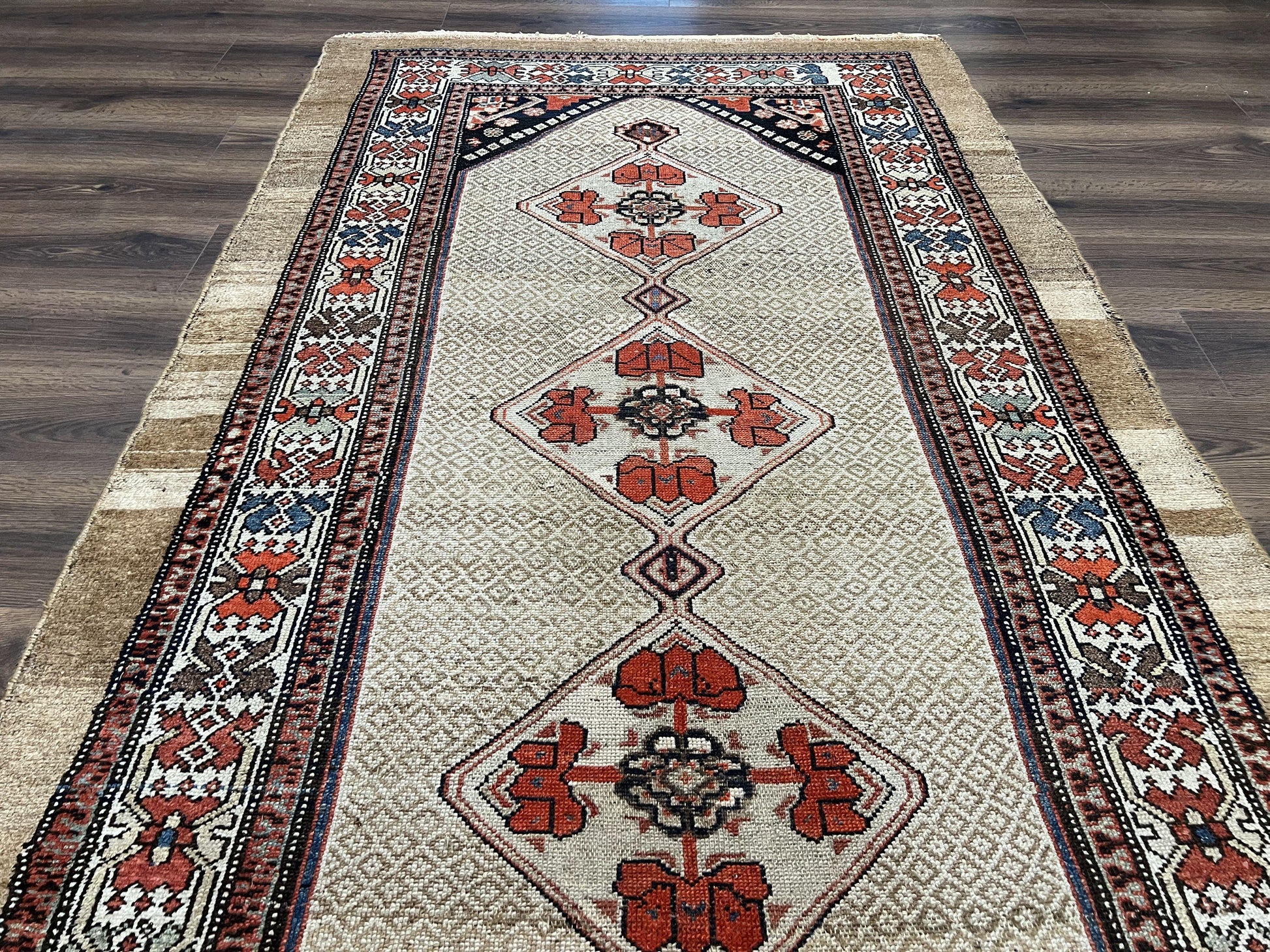 Rare Persian Sarab Tribal Runner Rug 4 x 10, Antique, Geometric Medallions, Camel Hair Runner - Nuvé