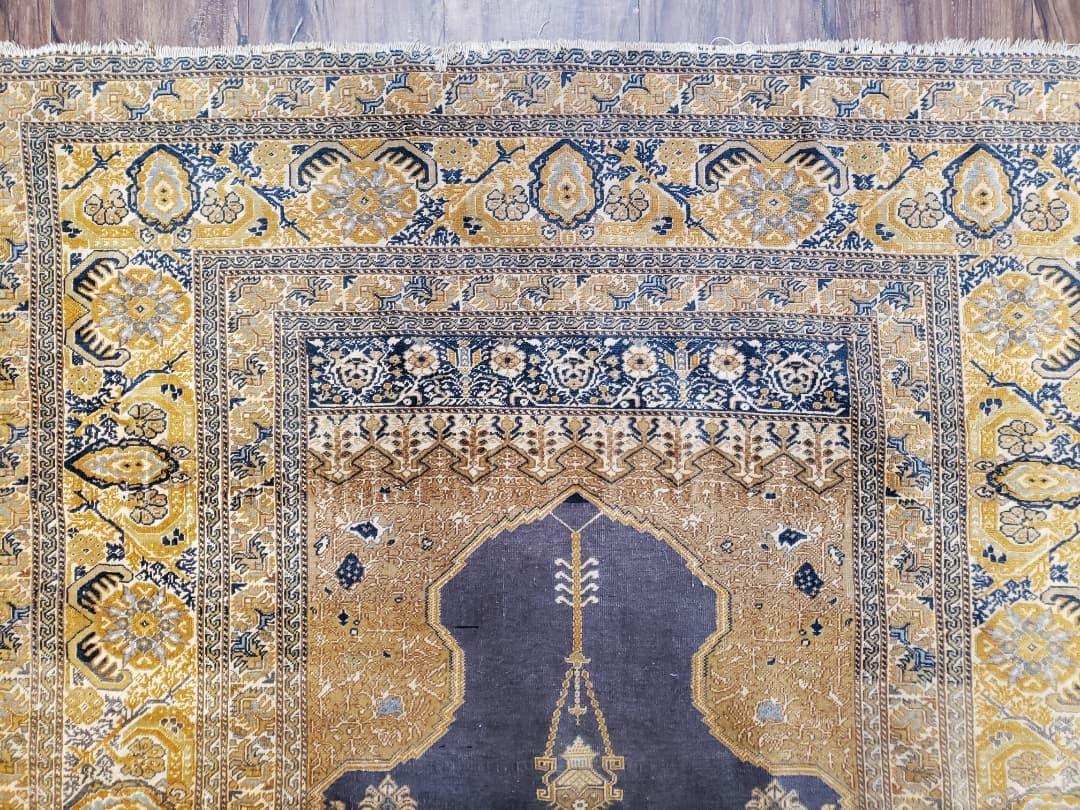 Rare Turkish Ghiordes Prayer Rug 4 x 5.8 ft, Late 19th Century Turkish Oriental Carpet, Mehrab Antique Prayer Rug, Museum Quality, Blue, Tan - Nuvé