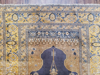 Rare Turkish Ghiordes Prayer Rug 4 x 5.8 ft, Late 19th Century Turkish Oriental Carpet, Mehrab Antique Prayer Rug, Museum Quality, Blue, Tan - Nuvé