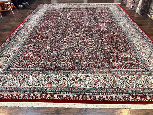Pak Persian Rug 11x15, Wool & Silk Highlights Hand Knotted Vintage Carpet, Red Cream, Floral Allover, Oversized Kirman Rug - Nuvé
