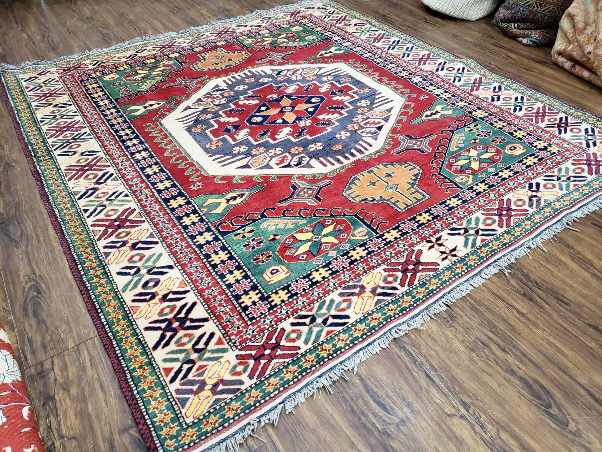 Vintage Turkish Kazak Area Rug, 6ft Square Rug, 6x6 Square Oriental Carpet, Hand-Knotted, Wool, Bold Colors, Red Blue Green, Geometric Rug - Nuvé