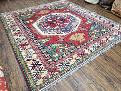 Vintage Turkish Kazak Area Rug, 6ft Square Rug, 6x6 Square Oriental Carpet, Hand-Knotted, Wool, Bold Colors, Red Blue Green, Geometric Rug - Nuvé