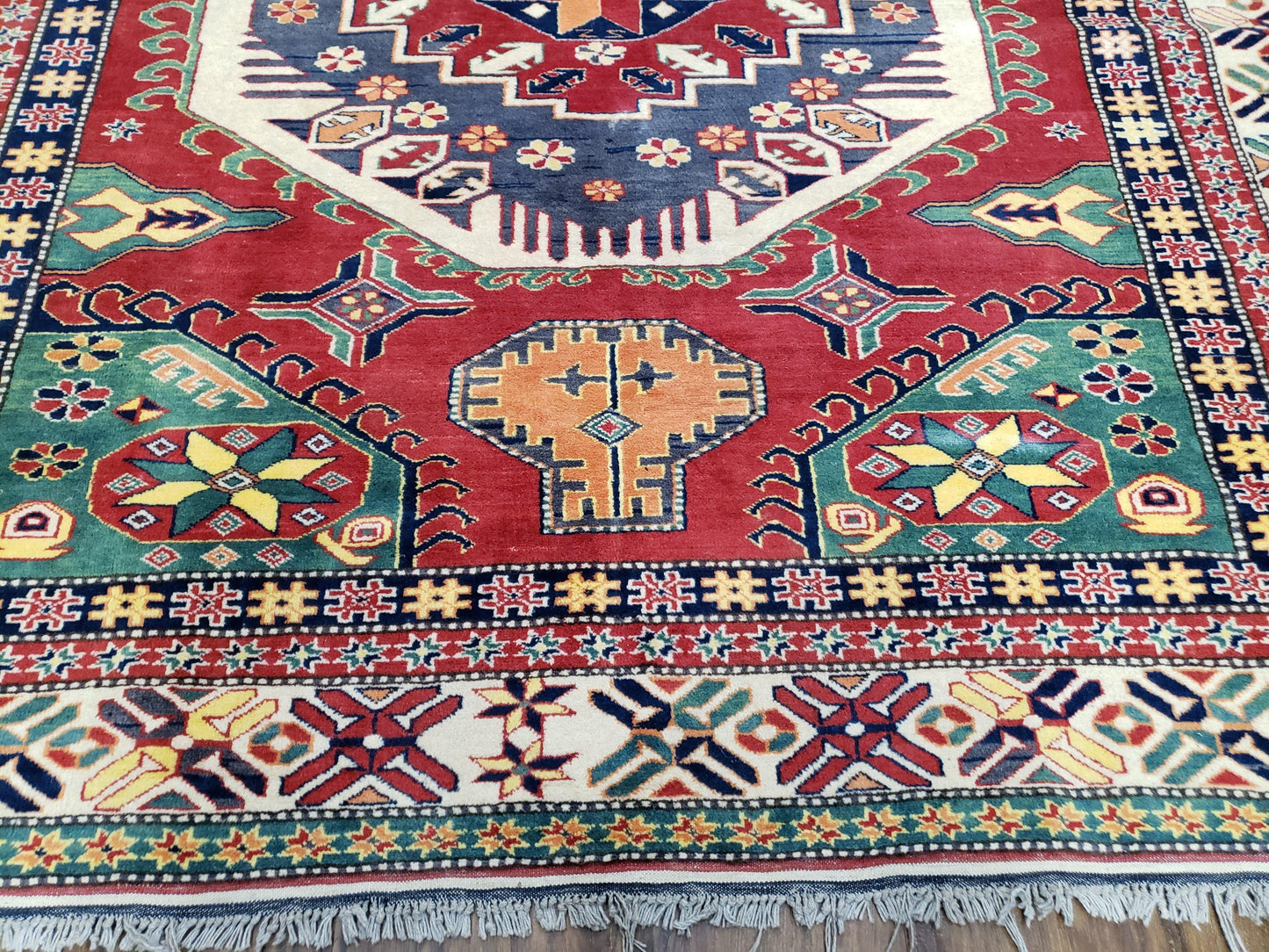 Vintage Turkish Kazak Area Rug, 6ft Square Rug, 6x6 Square Oriental Carpet, Hand-Knotted, Wool, Bold Colors, Red Blue Green, Geometric Rug - Nuvé