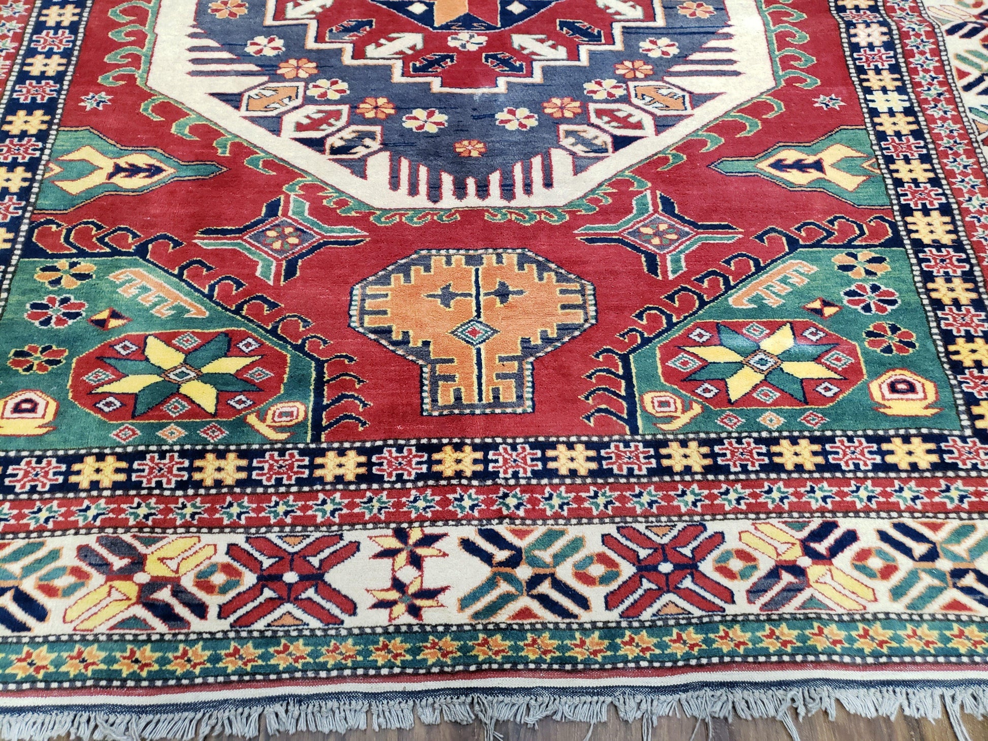 Vintage Turkish Kazak Area Rug, 6ft Square Rug, 6x6 Square Oriental Carpet, Hand-Knotted, Wool, Bold Colors, Red Blue Green, Geometric Rug - Nuvé