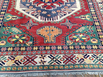 Vintage Turkish Kazak Area Rug, 6ft Square Rug, 6x6 Square Oriental Carpet, Hand-Knotted, Wool, Bold Colors, Red Blue Green, Geometric Rug - Nuvé
