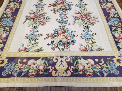 Vintage Chinese Floral Needlepoint Area Rug 6x9, Wool Hand-Woven Handmade Flatweave Rug, Ivory & Purple, Fruits Grapes Apples, Dining Room - Nuvé