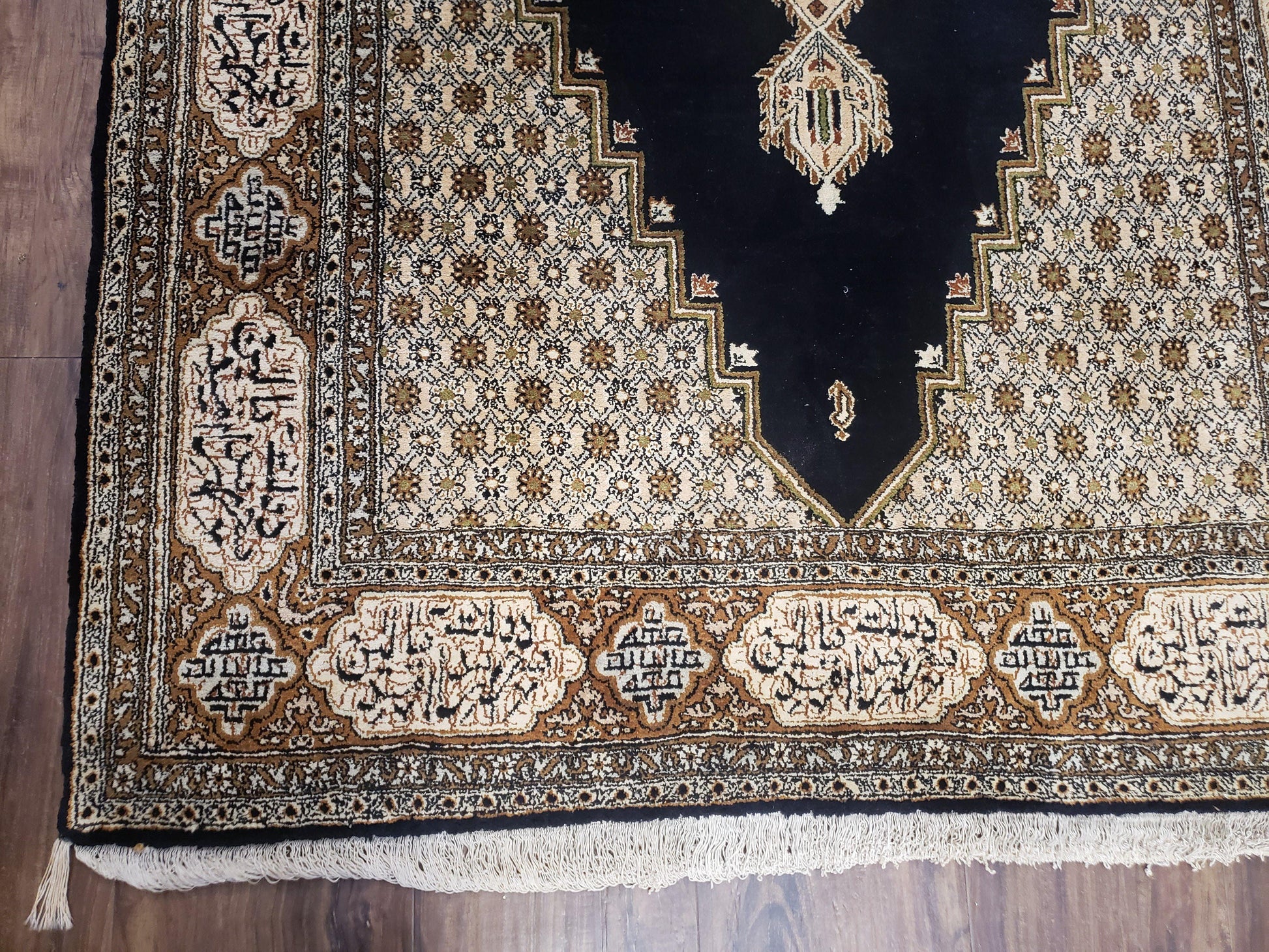 Persian Silk Qum Rug, Silk on Silk, Black Golden Brown and Beige, Hand-Knotted, 3'6" x 5' 5" - Nuvé