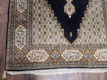 Persian Silk Qum Rug, Silk on Silk, Black Golden Brown and Beige, Hand-Knotted, 3'6" x 5' 5" - Nuvé