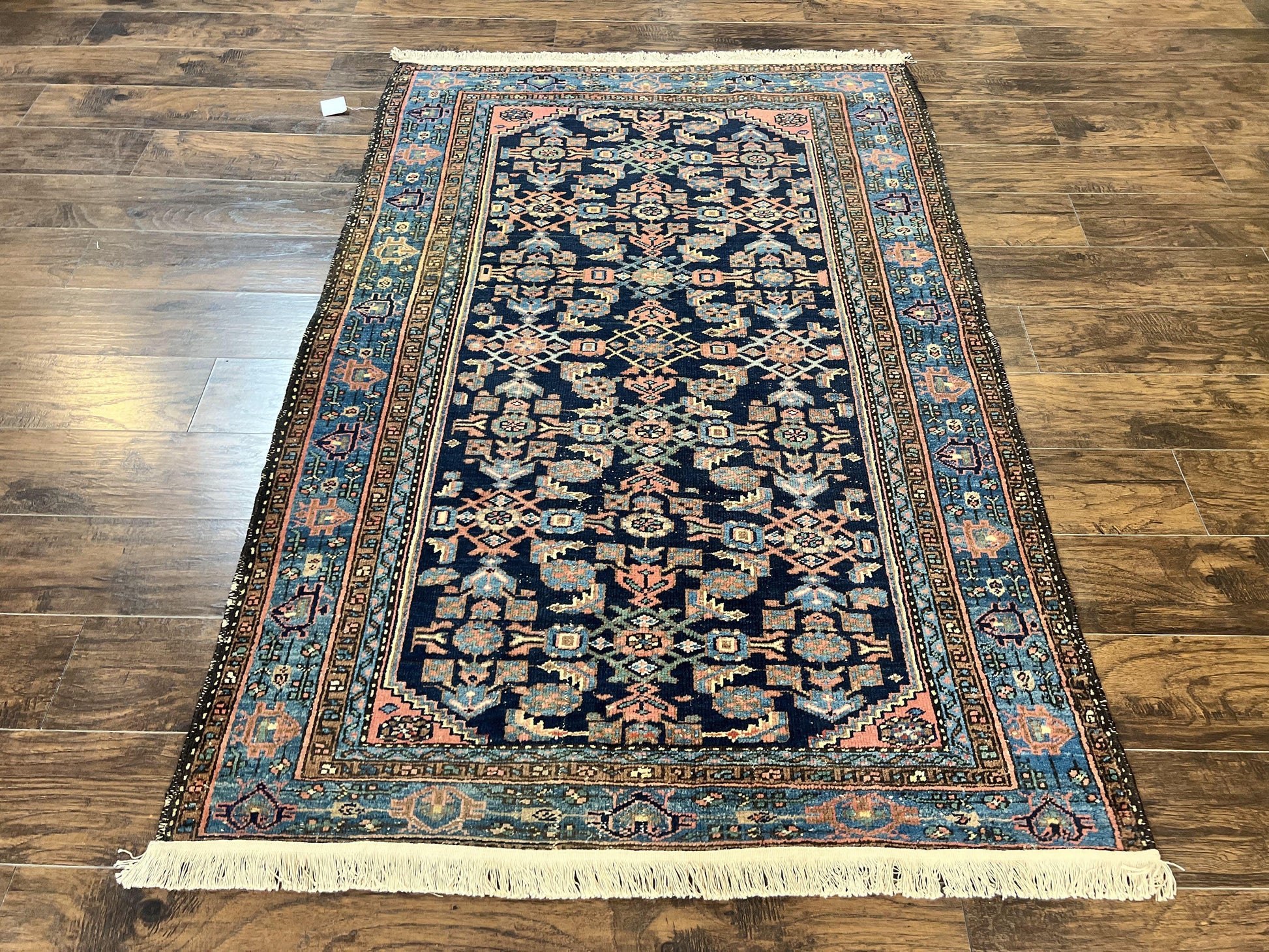 Antique Persian Tribal Rug 5x7, Navy Blue & Pink, Hand Knotted Handmade 1920s Wool Rug, Allover Pattern, Persian Hamadan Rug - Nuvé