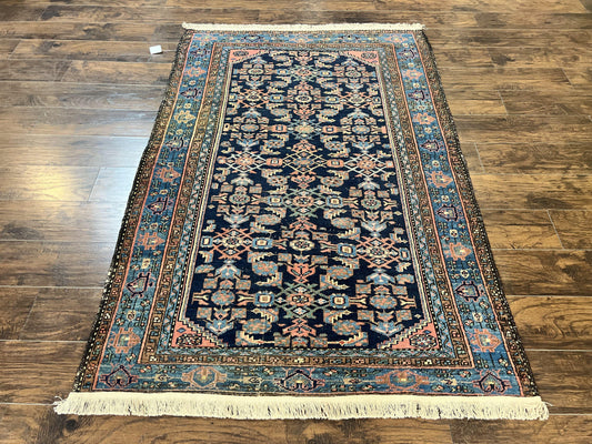 Antique Persian Tribal Rug 5x7, Navy Blue & Pink, Hand Knotted Handmade 1920s Wool Rug, Allover Pattern, Persian Hamadan Rug - Nuvé
