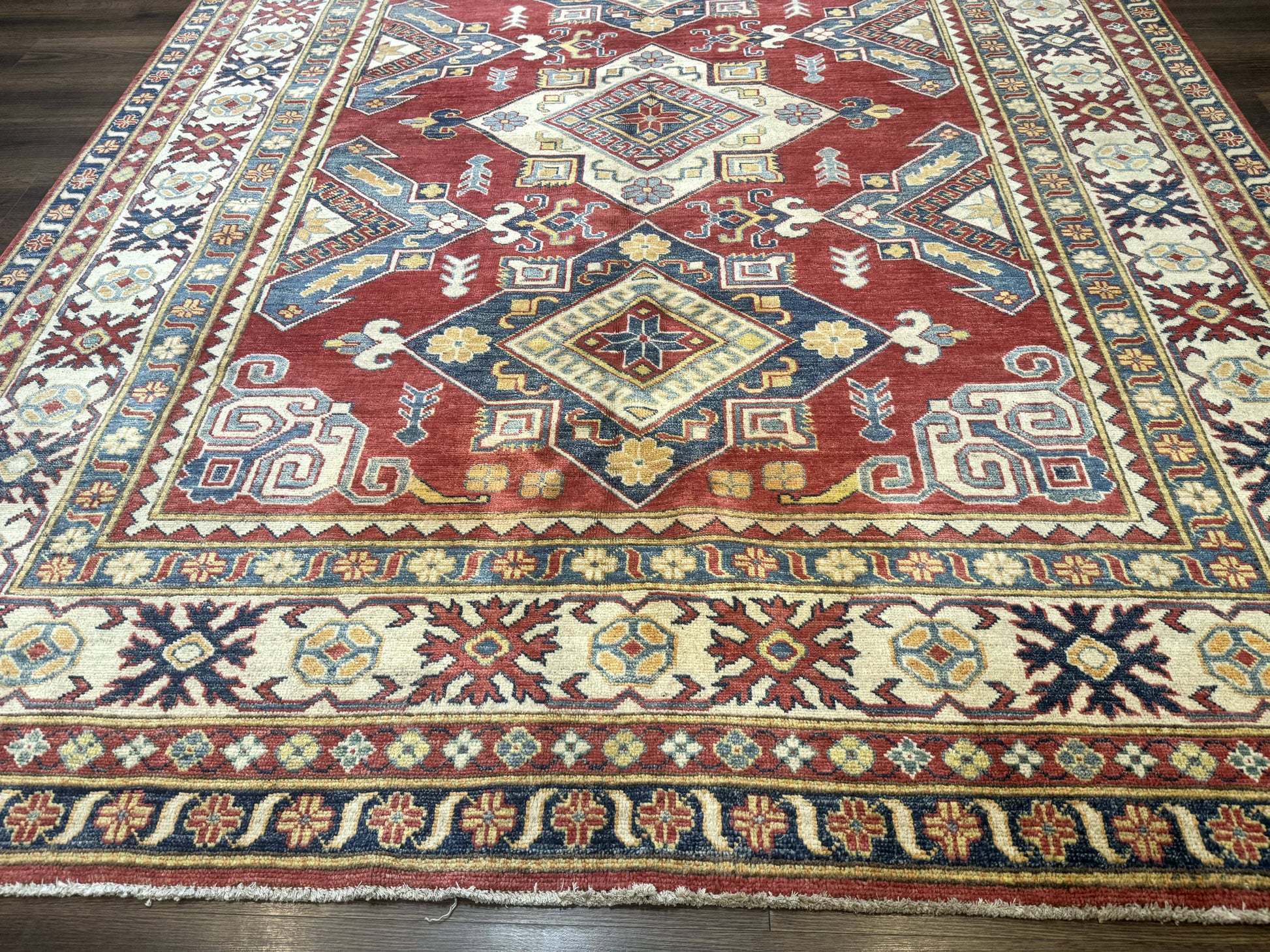 Turkish Kazak Rug 7.6 x 9.5, Geometric Medallions, Caucasian Pattern - Nuvé