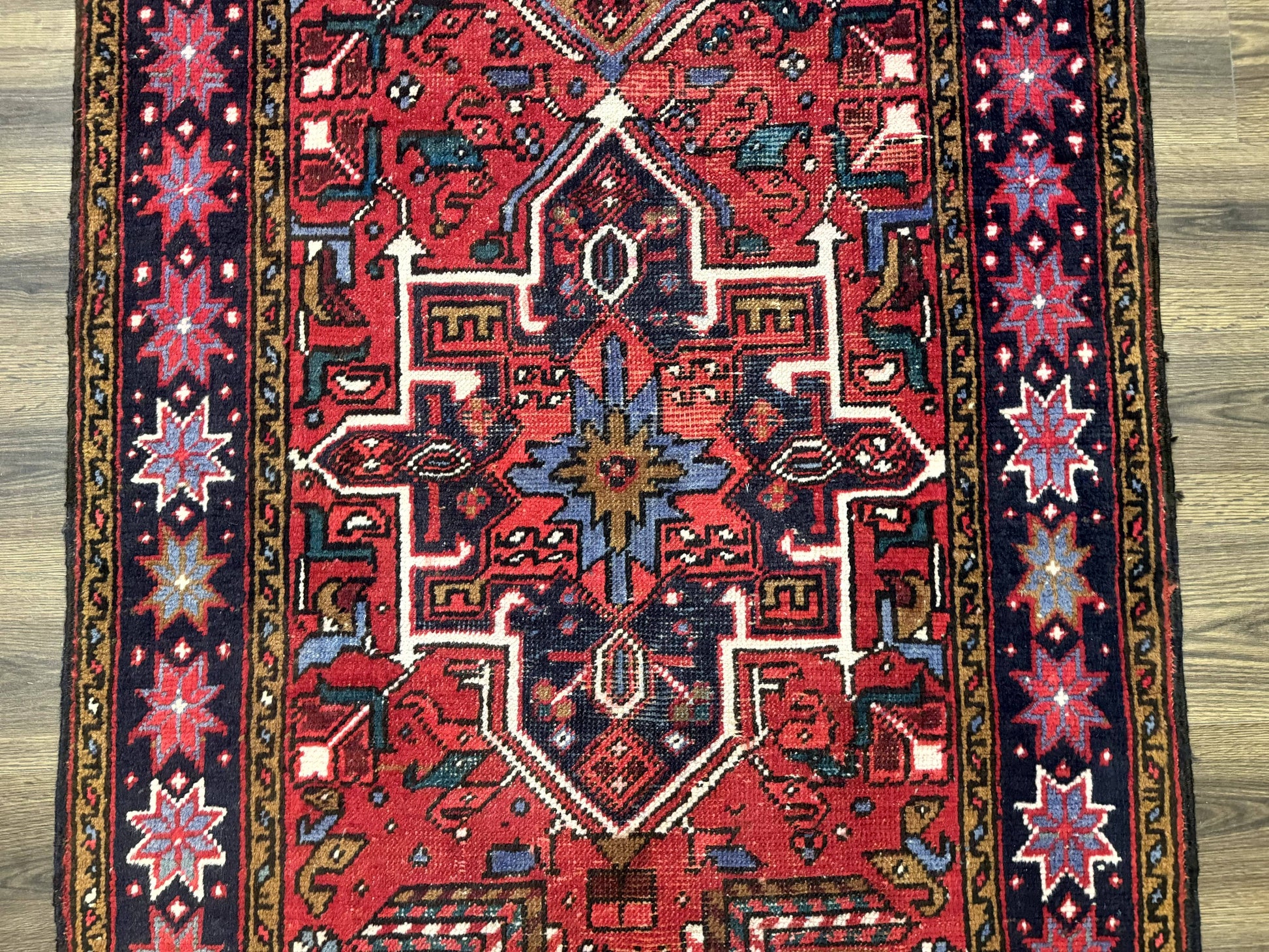 Persian Heriz Karajeh Runner Rug 3.7 x 12, Geometric Medallions, Red and Navy Blue - Nuvé
