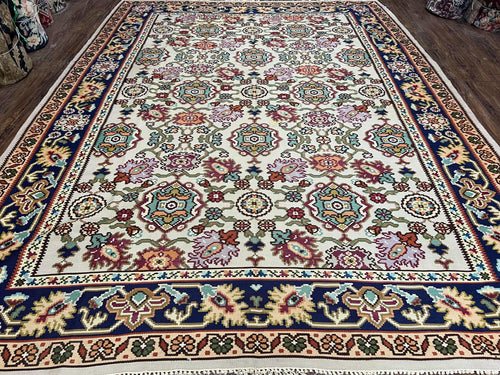 Antique Turkish Kilim Rug 7x10 Allover Pattern, Ivory Cream Maroon Light Blue, Wool Flatweave Hand Woven, Large Kilim, Vintage Kilim Carpet - Nuvé
