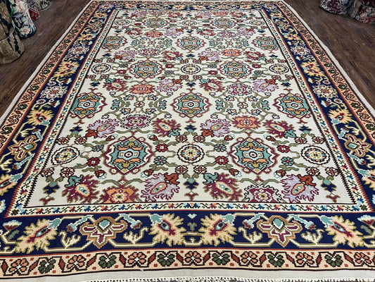 Antique Turkish Kilim Rug 7x10 Allover Pattern, Ivory Cream Maroon Light Blue, Wool Flatweave Hand Woven, Large Kilim, Vintage Kilim Carpet - Nuvé