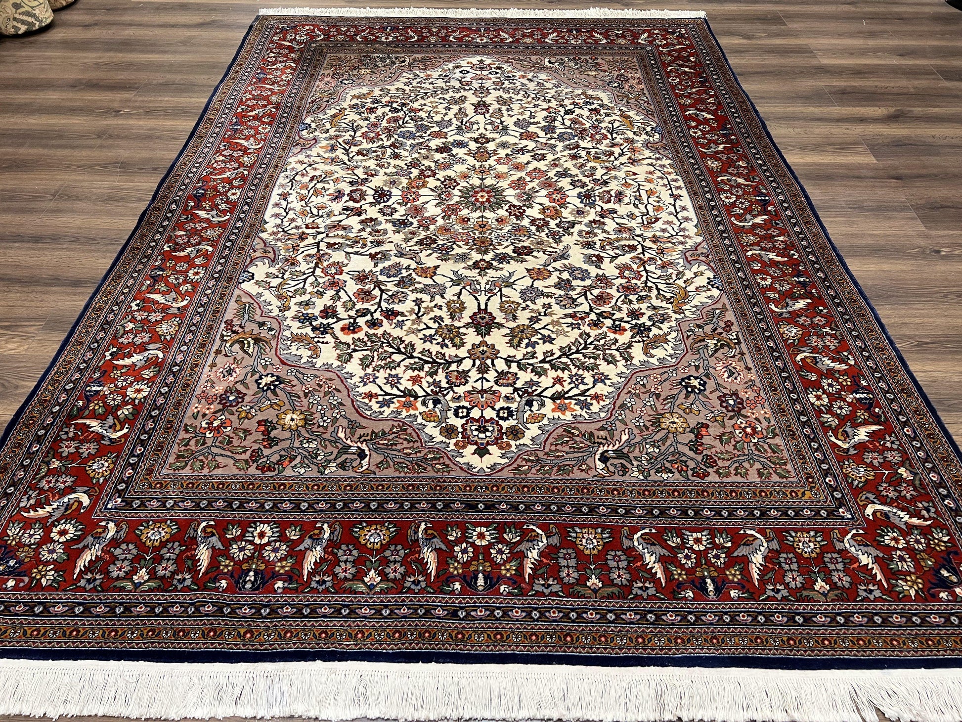 Beautiful Sino Persian Rug 7x10, Circle of Life Tree of Life Rug, Birds, Cream Red Navy Blue Taupe, Wool Silk Accents, Hand Knotted Vintage - Nuvé