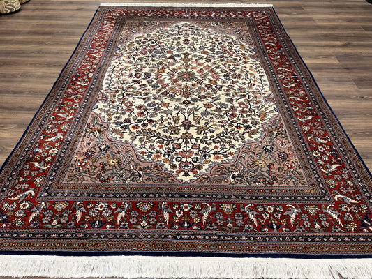 Beautiful Sino Persian Rug 7x10, Circle of Life Tree of Life Rug, Birds, Cream Red Navy Blue Taupe, Wool Silk Accents, Hand Knotted Vintage - Nuvé