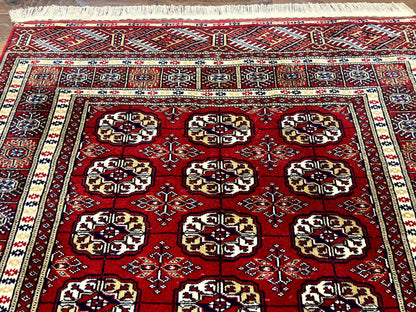 Pakistani Bokhara Rug 4x6, Red Turkoman Carpet, Finely Hand Knotted, Wool Vintage Rug - Nuvé