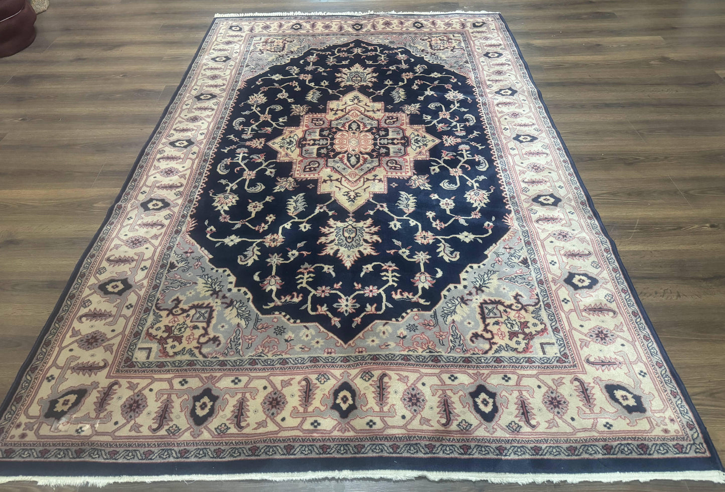 Karastan Rug Navy Serapi, Kara Shah Rug, Navy Blue, 5.6 x 8.6, Vintage Karastan Area Rug, Wool Pile Karastan Rug - Nuvé