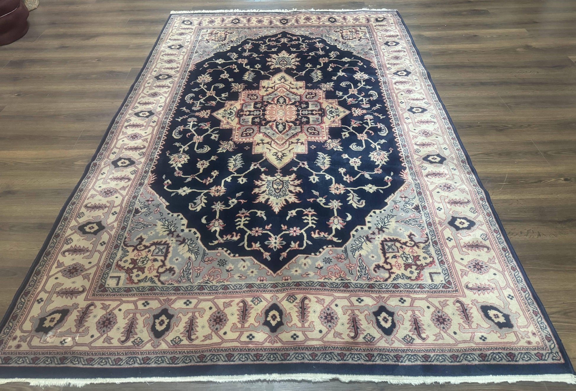 Karastan Rug Navy Serapi, Kara Shah Rug, Navy Blue, 5.6 x 8.6, Vintage Karastan Area Rug, Wool Pile Karastan Rug - Nuvé