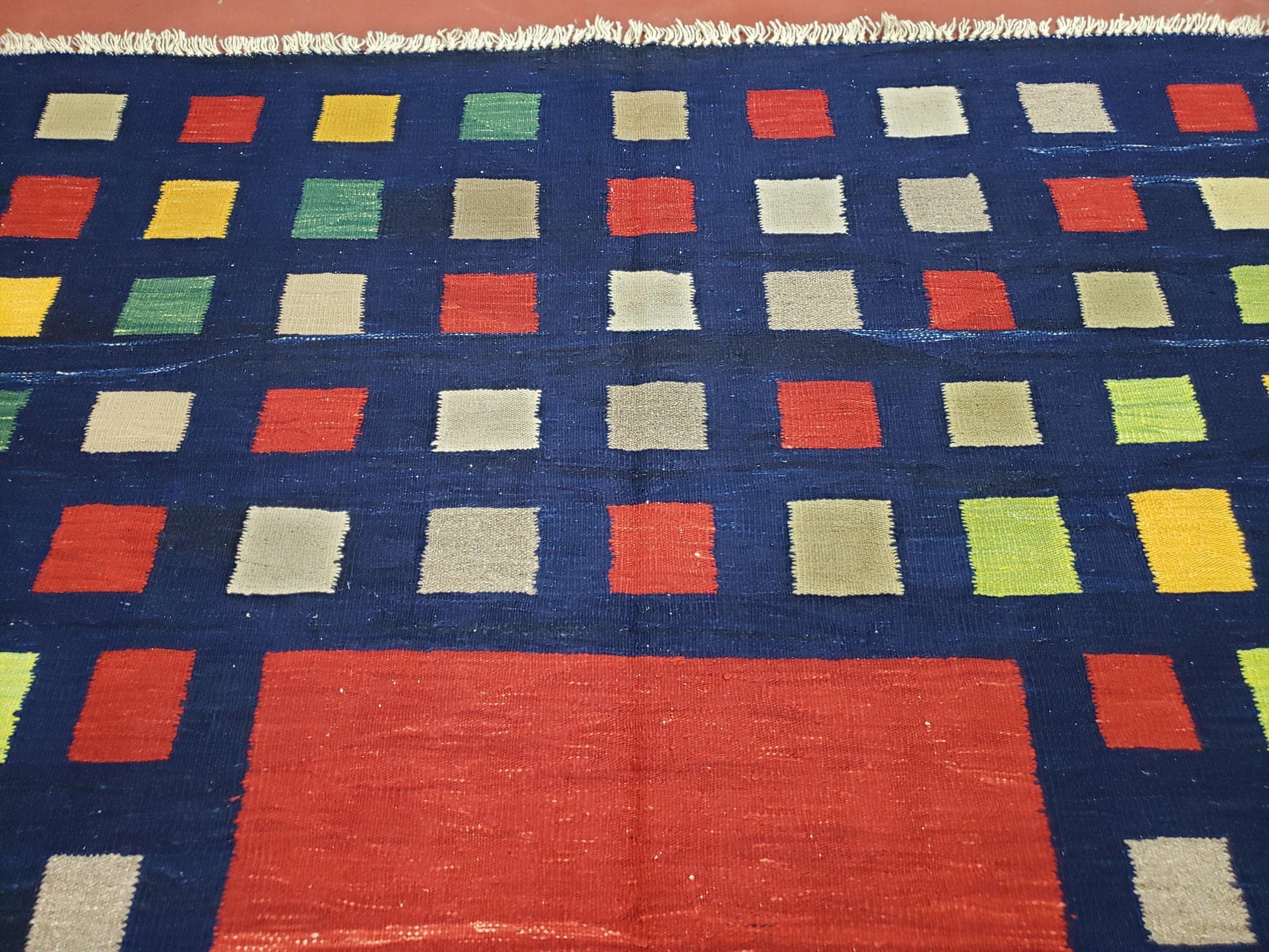 Turkish Kilim Rug 5x7 - 6x8, Checkerboard Kilim Carpet, Area Rug, New Playroom Rug, Colorful Multicolor Rug for Nursery Room, Dark Blue Red - Nuvé