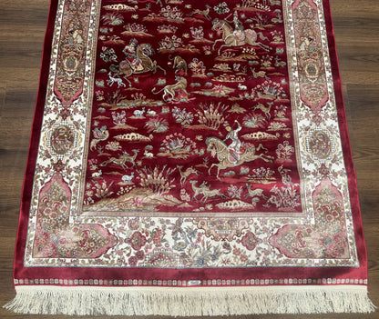Turkish Silk Hunting Design Rug 4x6, Dark Red & Ivory, Bamboo Silk, New - Nuvé