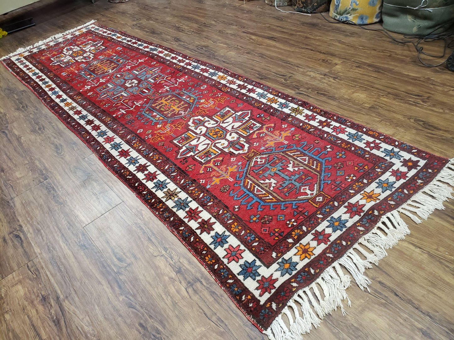 Antique Persian Heriz Karajeh Runner Rug, Red, Hand-Knotted, Wool, 3' 3" x 10' 11" - Nuvé
