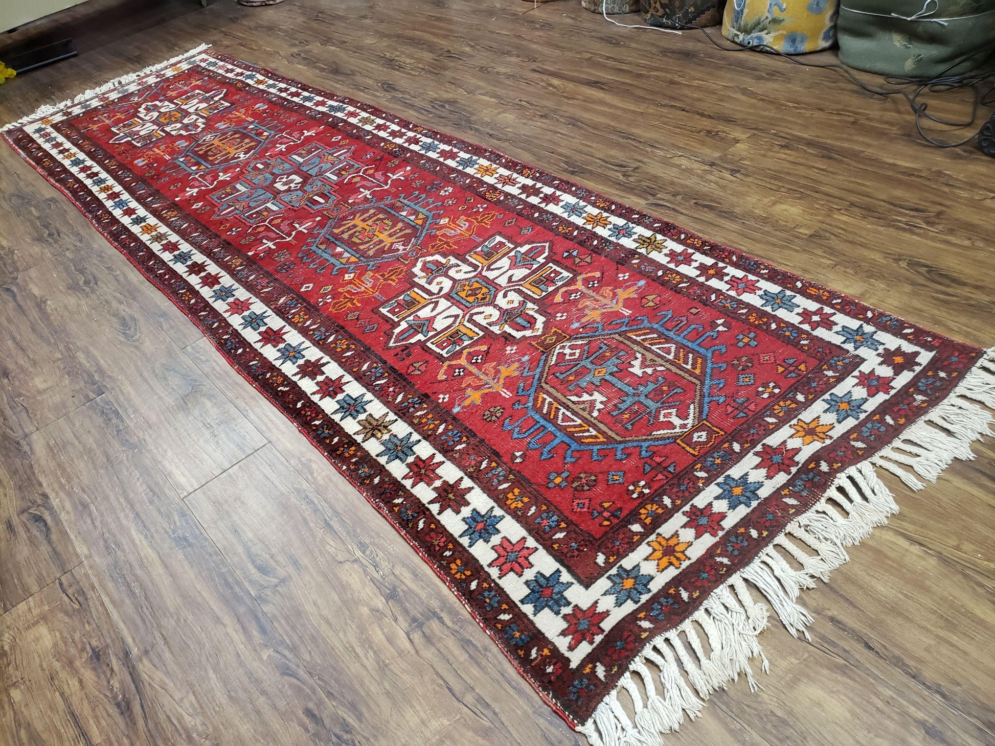 Antique Persian Heriz Karajeh Runner Rug, Red, Hand-Knotted, Wool, 3' 3" x 10' 11" - Nuvé