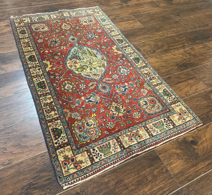 Small Persian Tabriz Rug 2.8 x 4.7, Red, Animal Pictorials, Semi Antique Vintage - Nuvé