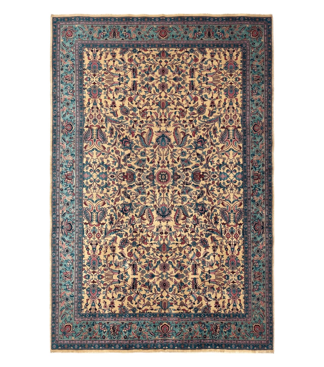 Antique Persian Rug 10x15, Camel and Cyan, Allover Pattern, Rare, Samarkand Rug
