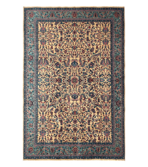 Antique Persian Rug 10x15, Camel and Cyan, Allover Pattern, Rare, Samarkand Rug