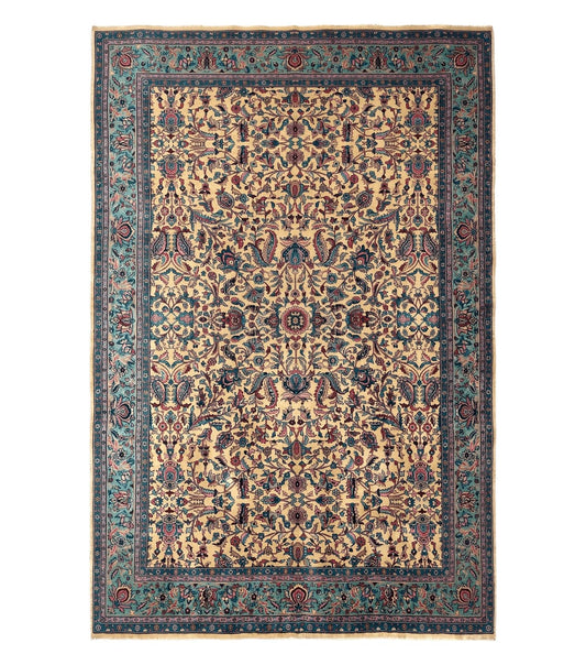 Antique Persian Rug 10x15, Camel and Cyan, Allover Pattern, Rare, Samarkand Rug