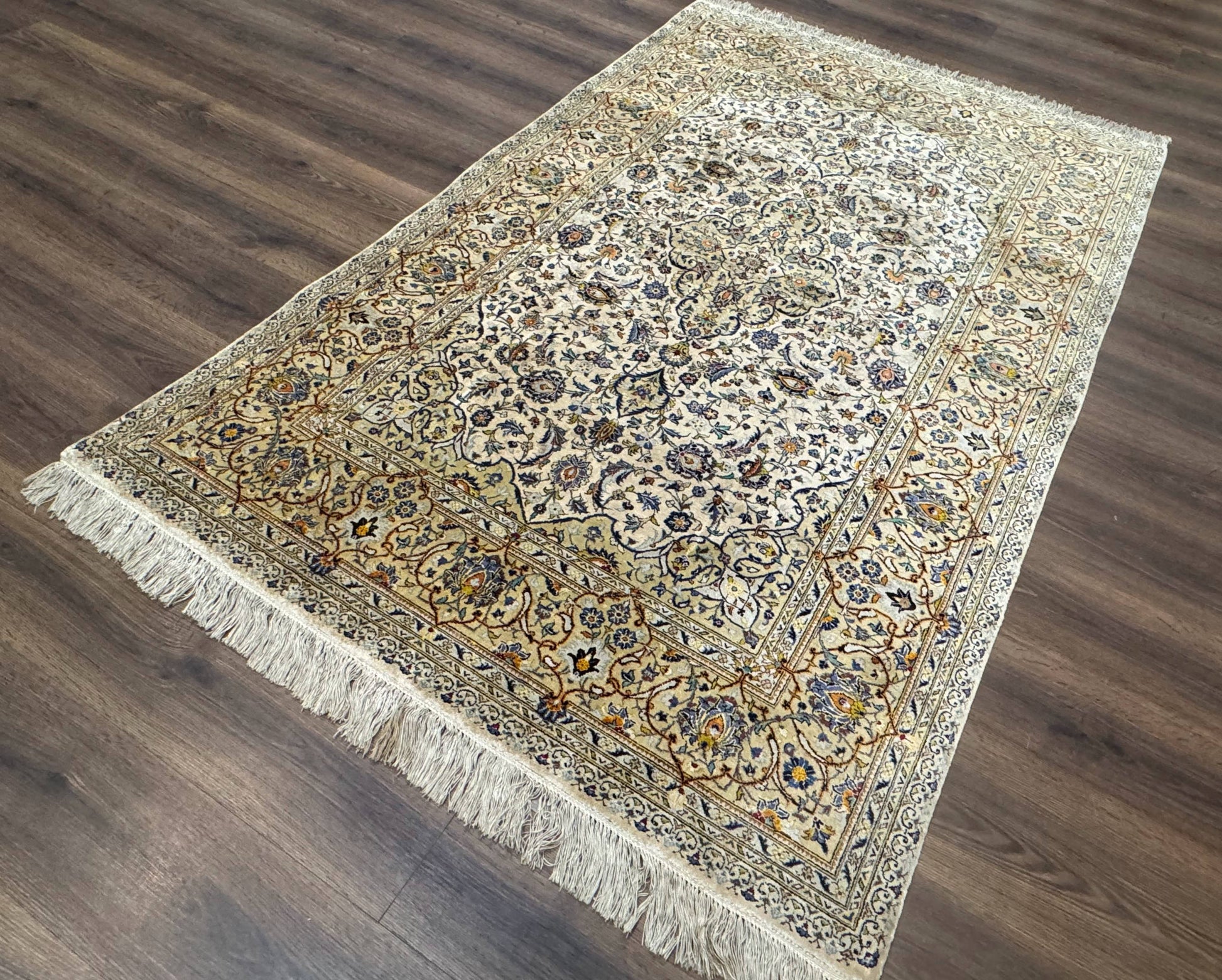 Rare Silk Persian Kashan Rug 4.6 x 7, Antique Fine 310 KPSI, Ivory - Nuvé
