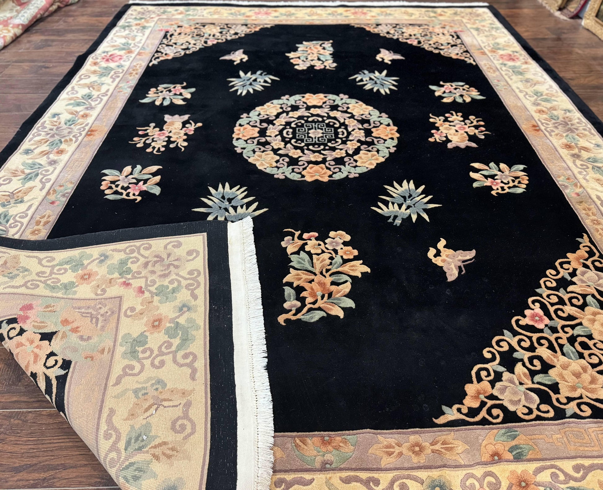Chinese Wool Rug 9x12, Chinese Carving Carpet, Floral Medallion, Black and Beige, Butterflies, Vintage Asian Oriental Rug, 90 Line Rug - Nuvé