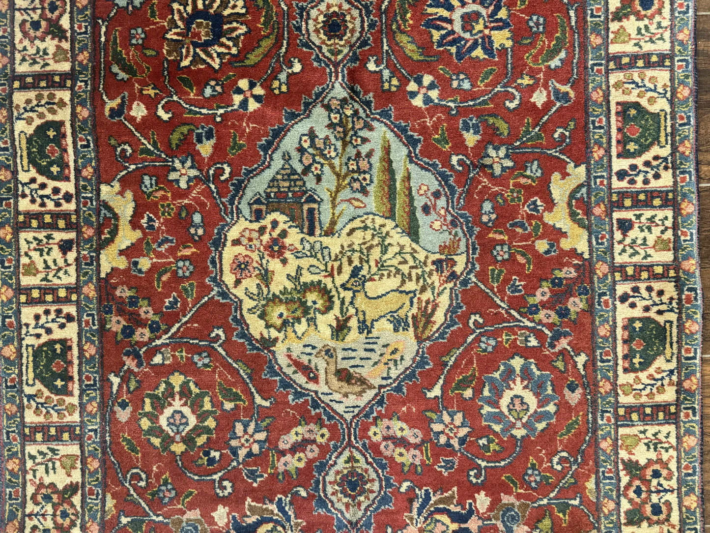 Small Persian Tabriz Rug 2.8 x 4.7, Red, Animal Pictorials, Semi Antique Vintage - Nuvé