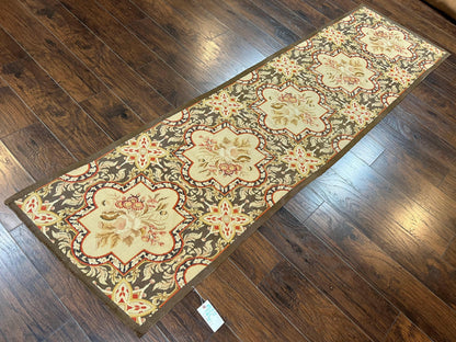 Needlepoint Runner Rug 2.8 x 9.8, Brown and Beige, Handwoven Handmade Floral French European Design, Vintage Flatweave 10ft Wool Runner Rug - Nuvé